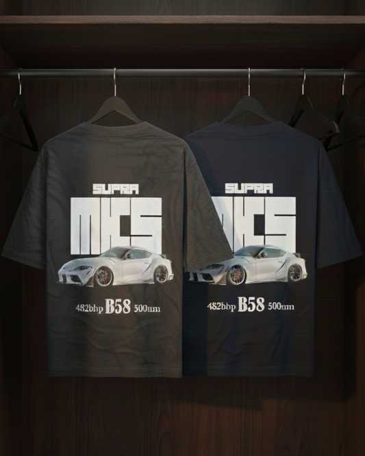 A dark gray and a navy blue t-shirts with a car design and text on a dark background