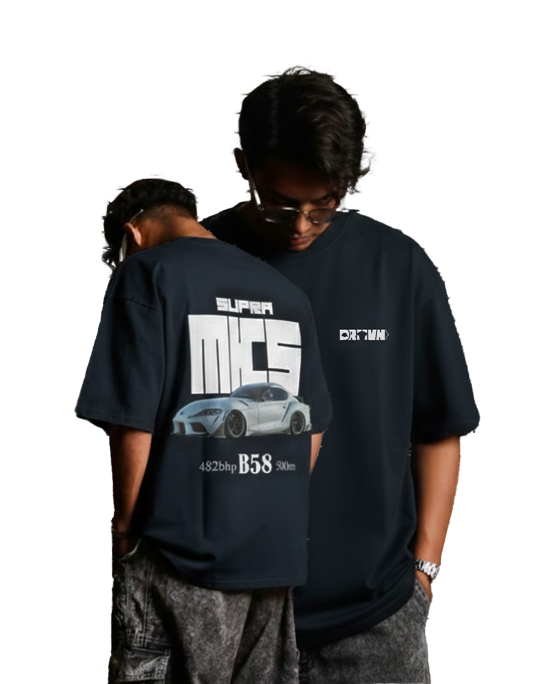 a man wearing a supra mk5 navy blue oversized tshirt