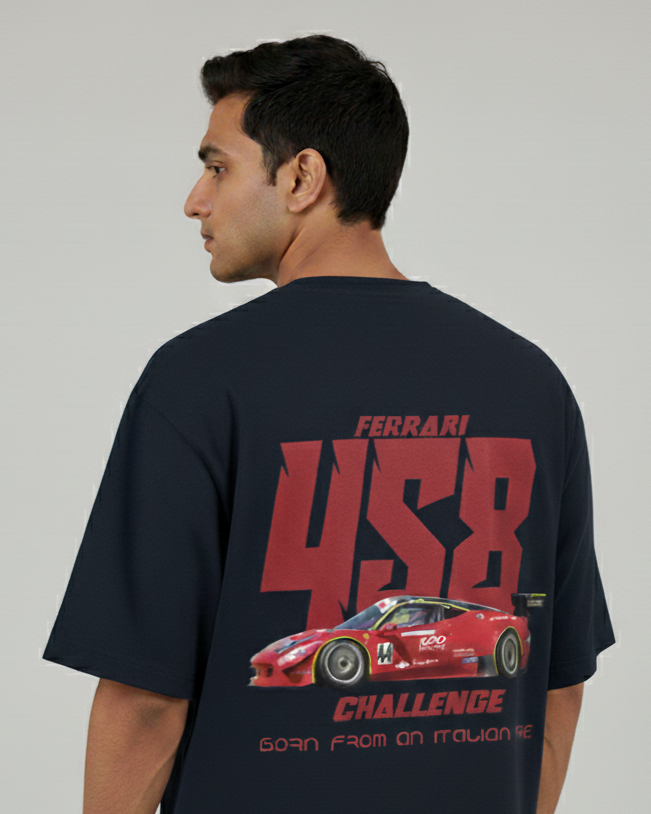 Person wearing a black t-shirt with Ferrari 458 Challenge design on the back.