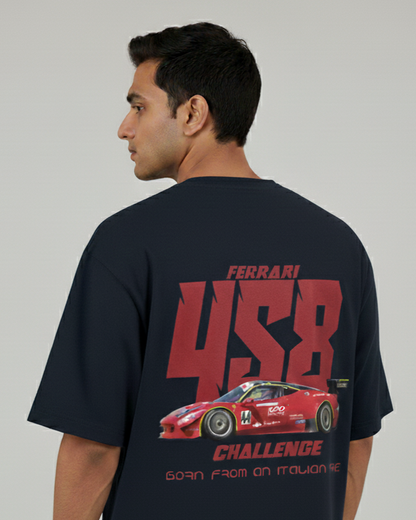 Person wearing a black t-shirt with Ferrari 458 Challenge design on the back.