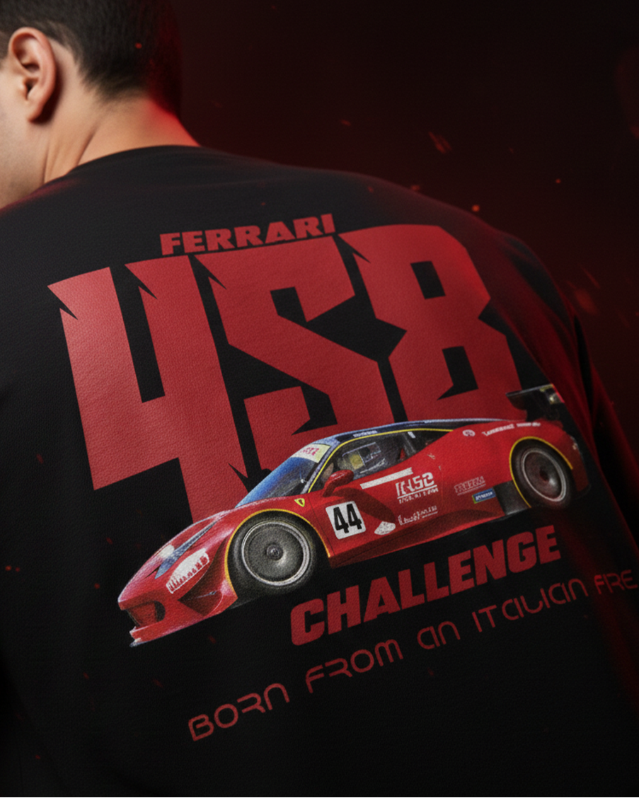 Person wearing a black t-shirt with Ferrari 488 Challenge branding on the back.