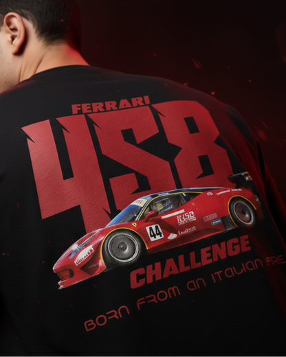 Person wearing a black t-shirt with Ferrari 488 Challenge branding on the back.
