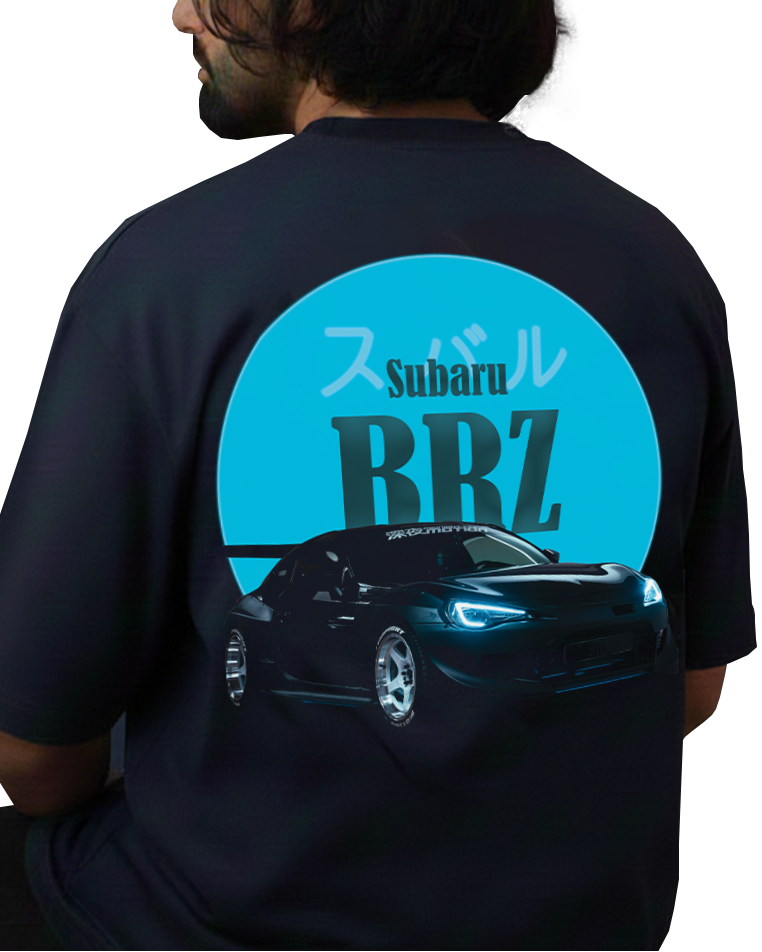 Person wearing a black t-shirt with Subaru BRZ graphic on the back