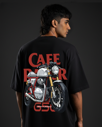 Person wearing a black t-shirt with a graphic of a motorcycle and 'Cafe Racer' text on the back.
