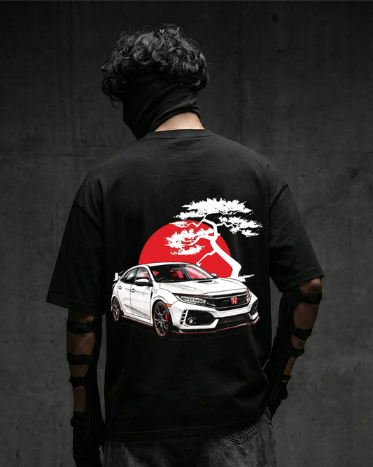 Person wearing a black t-shirt with a honda civic r graphic and red sun design on the back, against a dark background.