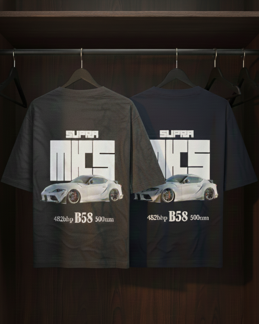 A dark gray and a navy blue t-shirts with a car design and text on a dark background