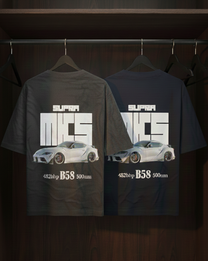 A dark gray and a navy blue t-shirts with a car design and text on a dark background