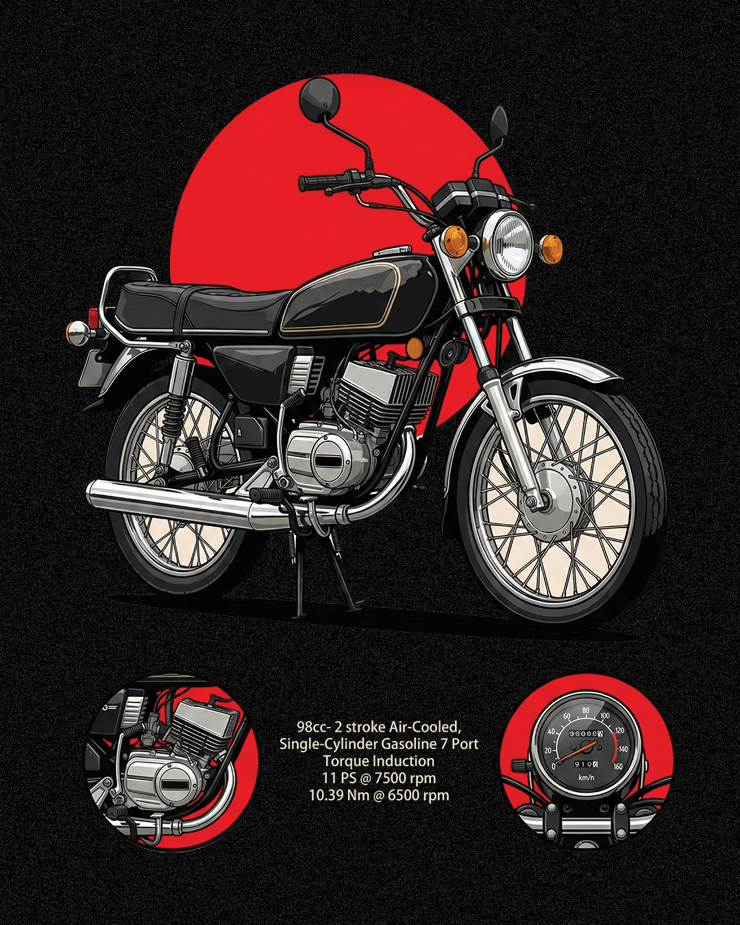 Motorcycle illustration with technical details on a black background