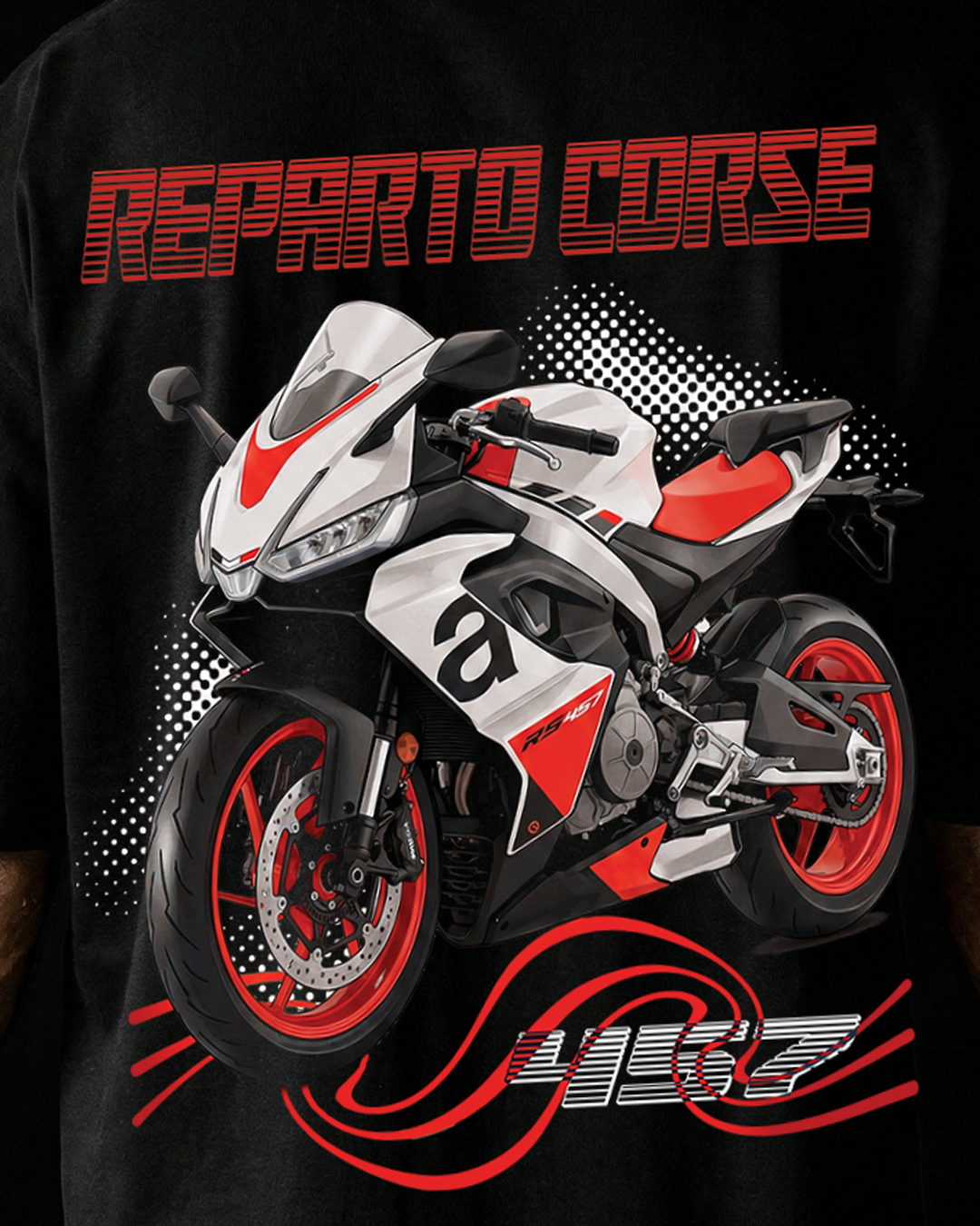 Aprilia rs457 motorcycle graphic with 'Reparto Corse' Racing department in italian and '457' text on a black background