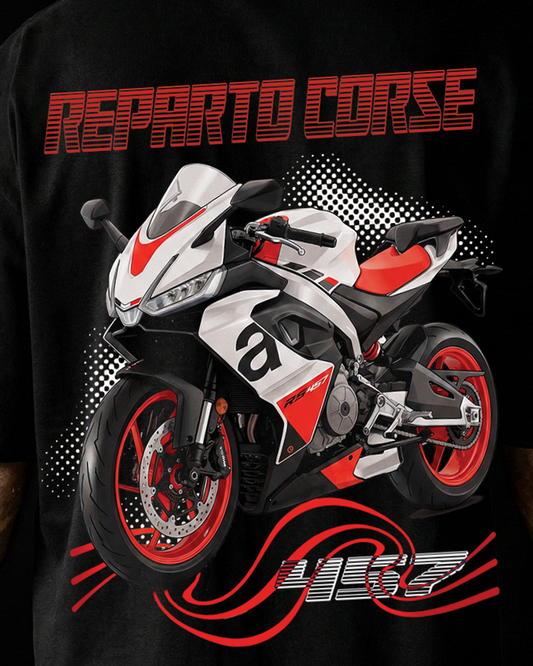 Aprilia rs457 motorcycle graphic with 'Reparto Corse' Racing department in italian and '457' text on a black background