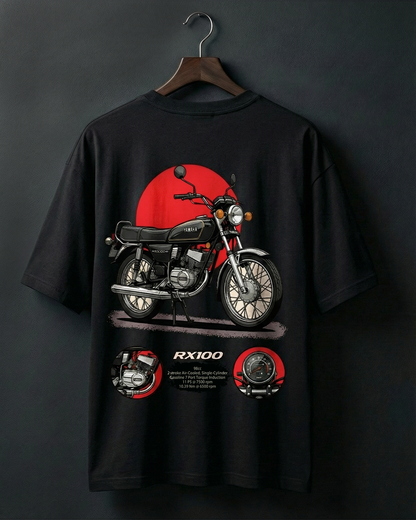 Black t-shirt with a motorcycle graphic and 'RX100' text on a dark background