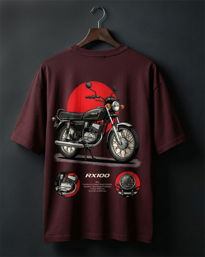 Maroon t-shirt with motorcycle graphic and 'RX100' text on a dark background