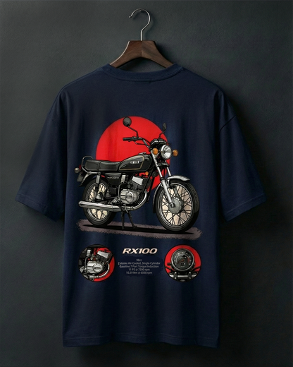 Navy blue t-shirt with a motorcycle graphic and 'RX100' text on a dark background