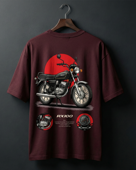 Maroon t-shirt with motorcycle graphic and 'RX100' text on a dark background