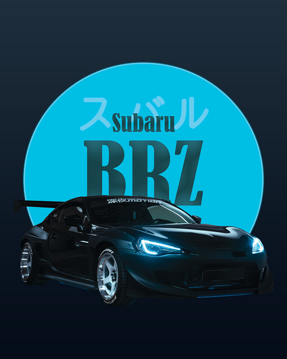 Black Subaru BRZ car with blue circular background and Japanese text