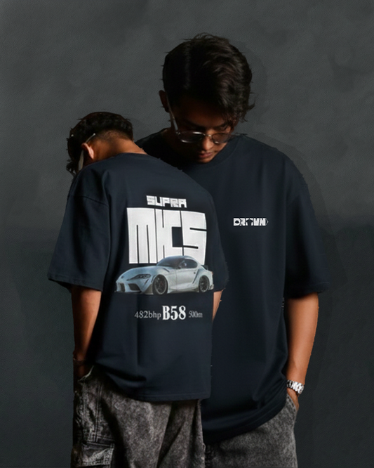 Black t-shirts with supra mk5 graphics and text on a dark background