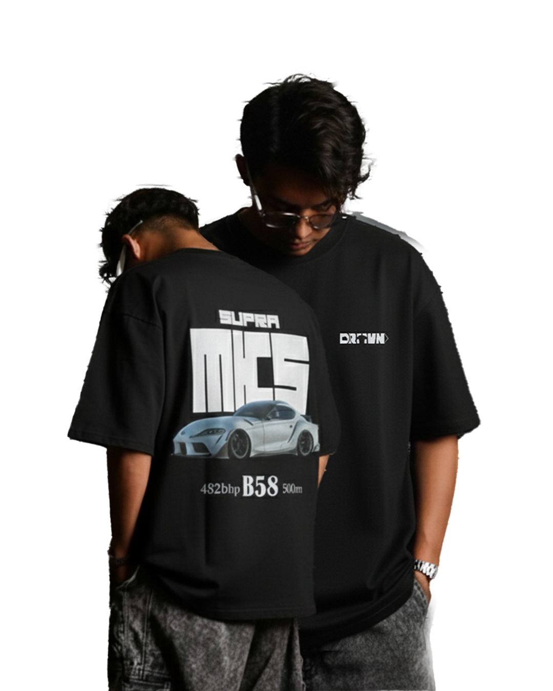 a man wearing a supra mk5 themed oversized tshirt