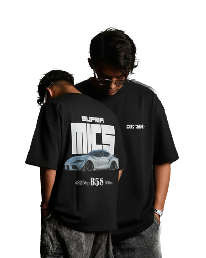a man wearing a supra mk5 themed oversized tshirt