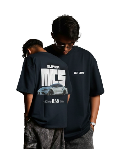 a man wearing a supra mk5 navy blue oversized tshirt